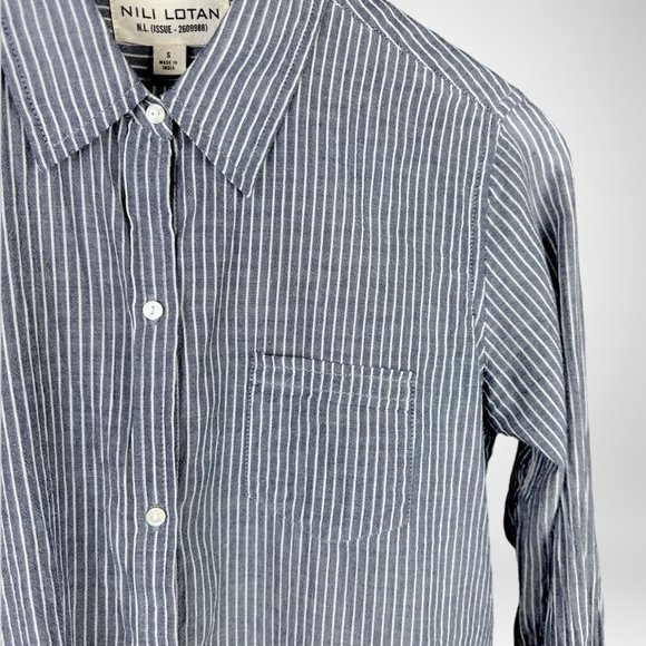Nili Lotan NL Blue and White Pinstripe Pocket Buttoned Shirt - Picture 4 of 7